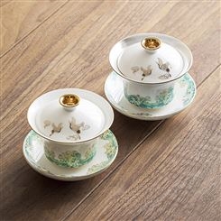 手绘白瓷三才盖碗茶杯 功夫茶具 鎏银茶碗大小号泡茶碗