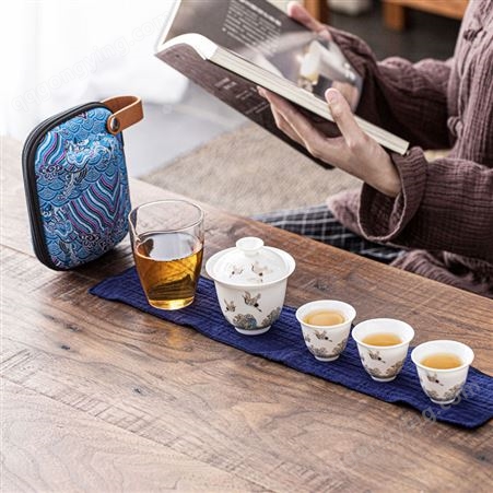 日式旅行茶具套装祥鹤观海羊脂玉一壶三杯便携式办公泡茶杯简约防