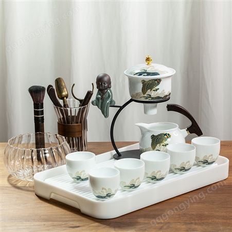 虎虎生威德化白瓷功夫茶具套装家用 陶瓷泡茶器懒人自动盖碗