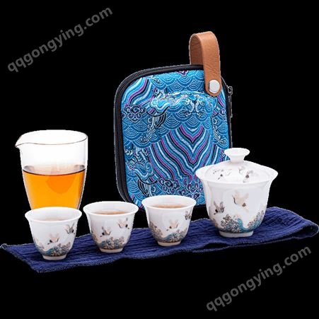 日式旅行茶具套装祥鹤观海羊脂玉一壶三杯便携式办公泡茶杯简约防